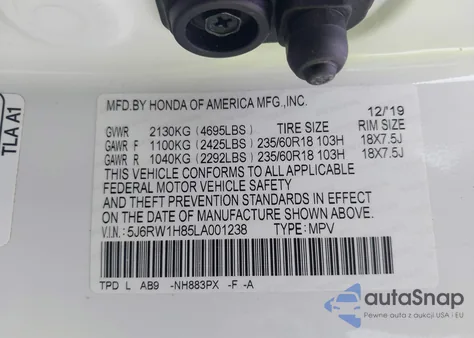 2020 Honda Cr-V 2Wd Ex-L z USA, uszkodzony, nr VIN 5J6RW1H85LA001238